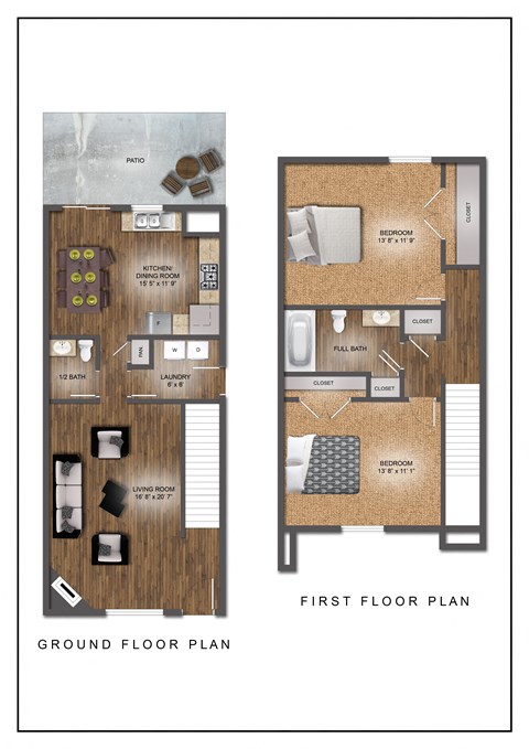 Floor plan for 2 beds, 1.5 baths, 1270 sqft